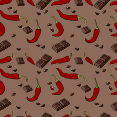 Seamless pattern with spicy pepper and chocolate, hand drawn elements on brown background.
