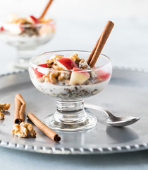 Glass dish of steel cut oats.