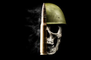 Bullet, skull and smoke. Human skull in military helmet isolated on black. War concept.