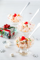 Ambrosia salad in dessert dishes.