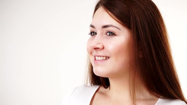 Happy smiling woman without makeup jiggling. Natural beauty. Purity skincare spa treatment