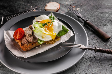 Close-up appetizing sandwiches with egg, pate, herbs, tomato and cheese on a gray background. Delicious breakfast or lunch