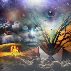 Surrealism. God's eye, eagle, fire and clouds. Suit and branches of a tree