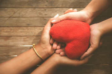 The hand of a beloved friend holding a red heart, health care, love, organ donation, family insurance and CSR concepts, World Heart Day, World Health Day