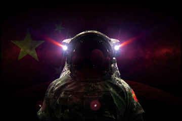chineses astronaut taikonaut in camouflage suit on the moon 3d render © Herr Loeffler