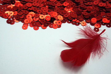 Red sequins red feathers on white background. Sewing and decorating accessories used for embellishment of dresses. Copy space.