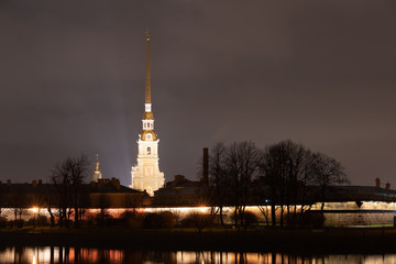 view of the Peter and Paul Fortress at night. in St. Petersburg