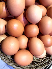 Easter background.Many brown eggs in a basket.Top view of brown chicken eggs in a basket.Close-up, vertical, cropped shot.Concept of healthy eating and Easter.
