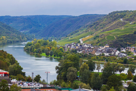 View of Pommern with the Moselle river in Germany