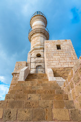Chania with the amazing lighthouse, mosque, venetian shipyards, at sunrise, Crete, Greece.