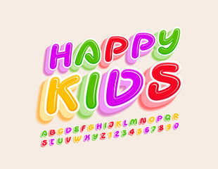 Fototapeta na wymiar Vector Colorful Emblem Happy Kids. Hand written Alphabet Letters and Numbers. Bright creative Font for Children. 