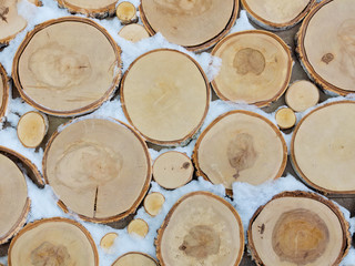Circle wood slices, Eco background. The slices are of different sizes Wood circles pattern of cutted tree trunks. Abstract wooden background, covered with snow