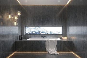 Big stone bathroom with view to the snowy mountains