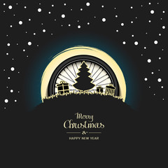 Christmas tree with boxes of gifts on a background of the bicycle wheel and snow