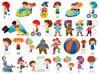 Large set of isolated objects of kids and circus