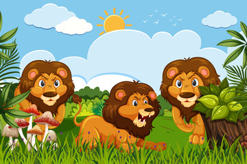 Lions in jungle scene