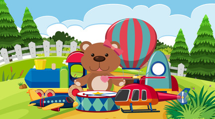 Scene with many cute toys on the ground