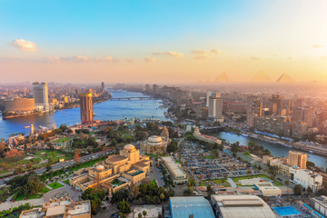Cairo downtown and the Nile from above, sunset view, Egypt