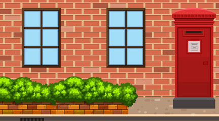 Landscape background with brick building and bush