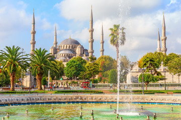 Naklejka premium The Blue Mosque and the fountain in Sultan Ahmet park, Istanbul, Turkey