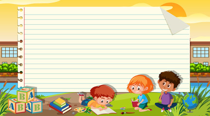 Fototapeta premium Border template with three kids reading book in the park background