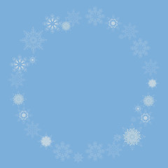 Naklejka na ściany i meble Wreath of light thin vector snowflakes round on a blue background postcard.