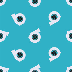 Vector seamless pattern on a car theme. Silver gray turbine for a car engine, adding power, on a blue background.
