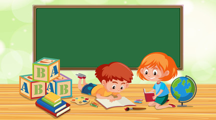 Classroom with boy and girl reading book