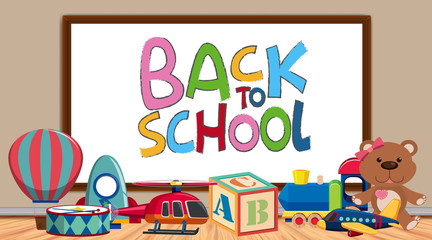 Back to school sign with many cute toys