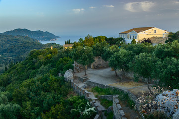Corfu, a small town built in the mountains between the trees, panorama from the Kaiser throne...