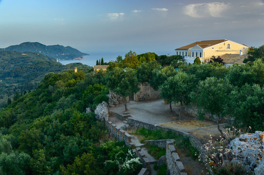 Corfu, a small town built in the mountains between the trees, panorama from the Kaiser throne vantage point.