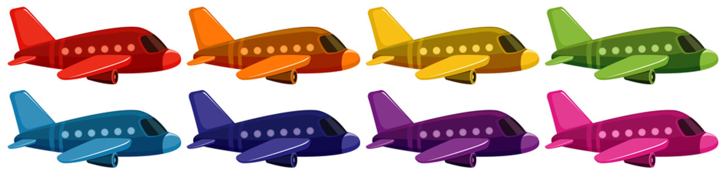 Set of jet plane in eight different colors