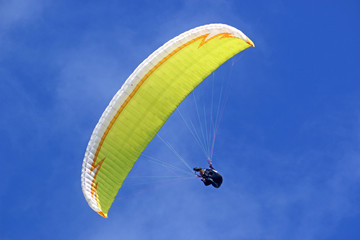 Paraglider flying wing in a blue sky	