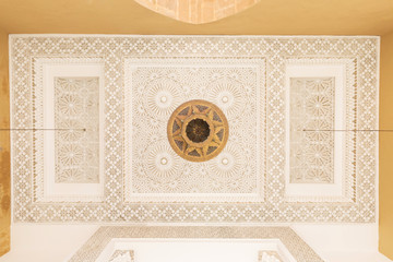 Traditional and typical moroccan architectural details. Mosque in Kenitra, Province West Chrarda Beni Hussein, Morocco. Construction detail, sunny day.