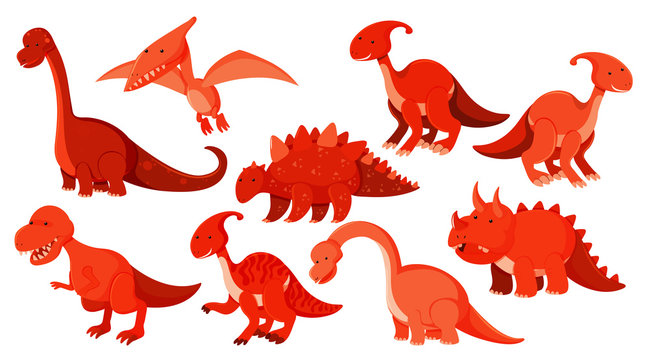 Large set of different types of dinosaurs in red