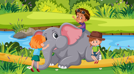 Scene with children and elephant in the park