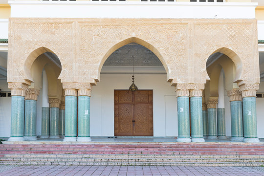 Traditional and typical moroccan architectural details. Mosque in Kenitra, Province West Chrarda Beni Hussein, Morocco. Construction detail, sunny day.