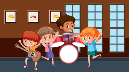 Scene with children playing music in the band