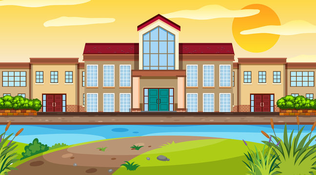 Nature scene with big building by the river