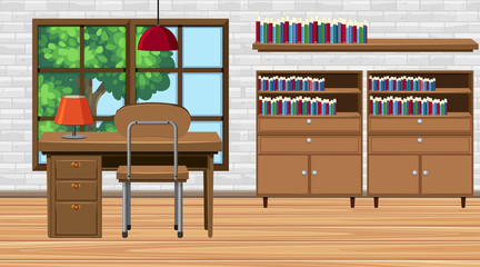Room with desk and bookshelves