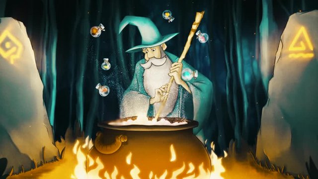Beautiful colorful animation. Stock footage. Cute cartoon wizard preparing a potion in a cauldron and adding some ingredients from the small bottles.