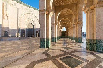 Fototapeta na wymiar Hassan II Mosque is a mosque in Casablanca, Morocco. It is the largest mosque in Africa and the 3rd largest in the world. Its minaret is the world's second highest minaret at 210m Construction details