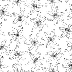 Monochrome seamless pattern with Lily flowers. Floral white and black seamless background.