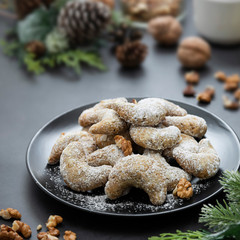 Christmas butter homemade cookies on dark background. Selective focus, effect toning.