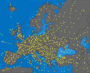 Illustration of busy air traffic over the Europe and small parts of Africa and Asia