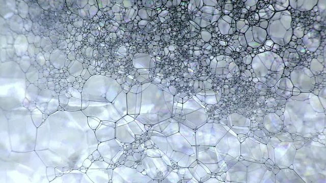 Colorful soap foam with popping bubbles background. Ink filling a mass of bubbles formed in liquid. Abstract biological structure. Unusual wallpaper. Huge batch of puffy, fascinating soap foam pattern