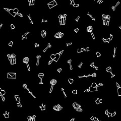 Seamless pattern with doodle Valentine day elements. White outline hand drawn objects on black background. Vector illustration.