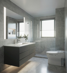 Modern grey concrete bathroom with shower and toilet