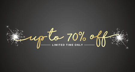 70 percent off sale handwritten lettering tipography sparkle firework gold white black sticker banner