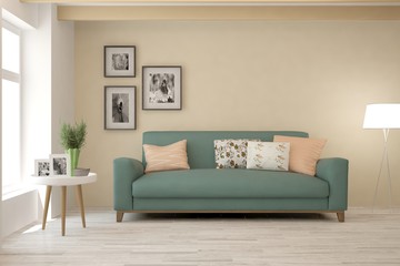 Stylish room in white color with sofa. Scandinavian interior design. 3D illustration